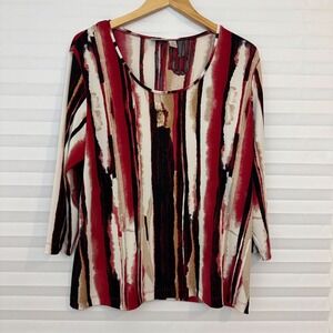 Easywear by Chico's Red Abstract Stripe 3/4 Sleeve Top Size 3‎ XL Chic Stretch
